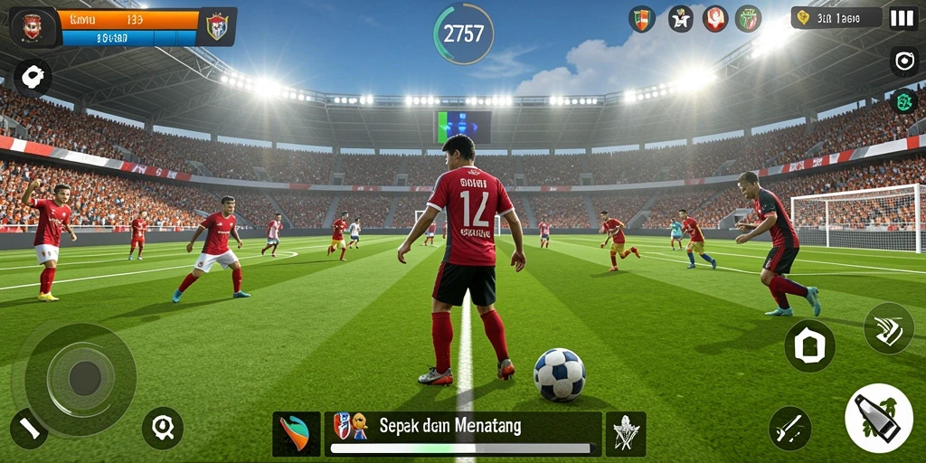 Tangkapan layar gameplay menarik dari 2757 yang menunjukkan aksi sepak bola.