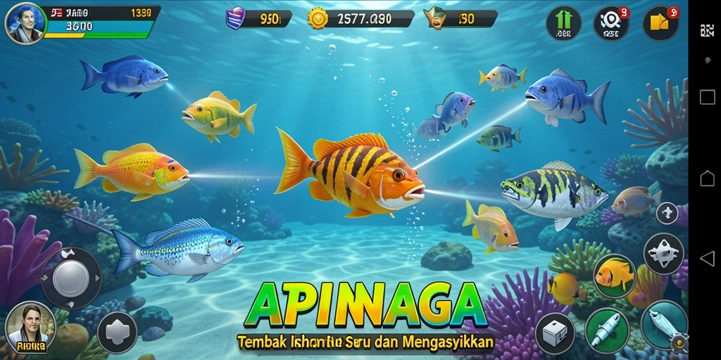 Tangkapan layar utama <strong>APINAGA</strong> memperlihatkan keseruan menembak ikan.