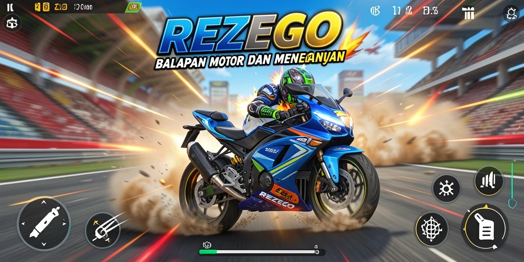 Screenshot utama REZEGO menampilkan balapan motor yang seru dan grafis luar biasa.