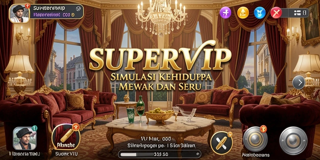 Tampilan gameplay menarik dari SUPERVIP yang menunjukkan kehidupan mewah dalam simulasi.