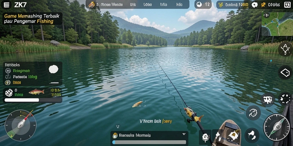 Tampilan gameplay ZK7 yang menampilkan aksi memancing yang seru dan beragam ikan.